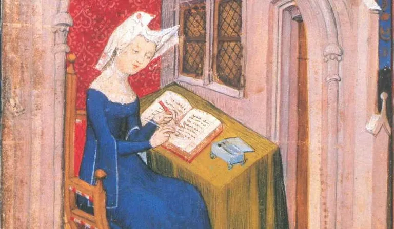 Image of Christine de Pisan writing a book (1407) from Andrea Hopkins, Six Medieval Women, p. 108.Credit: Kelson